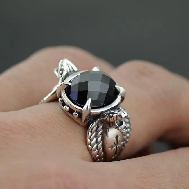 buy Silver black gem ring surface king cobra man Thai silver ring