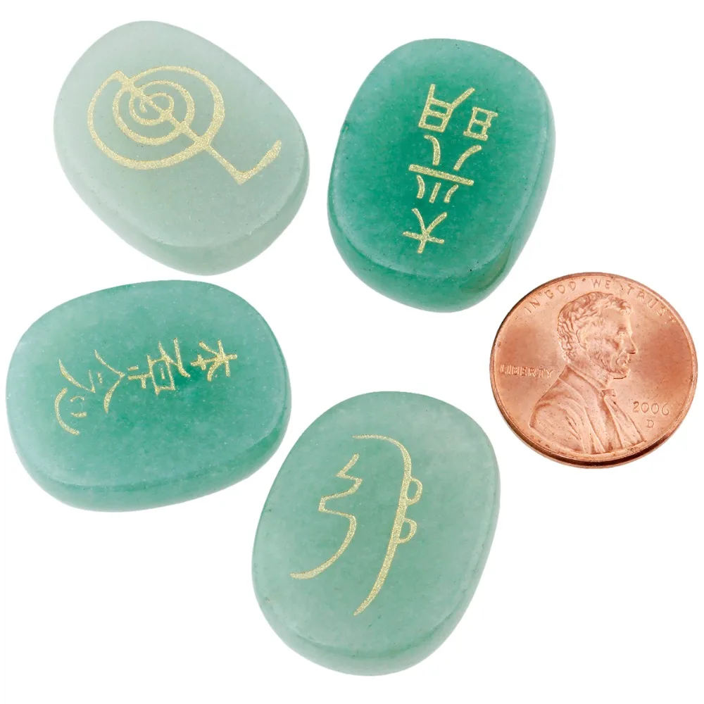 SUNYIK 4Pc/Set Healing Crystal Engraved Usui Reiki Symbols Palm Stone Chakra Balancing Meditation Jewelry Packaging