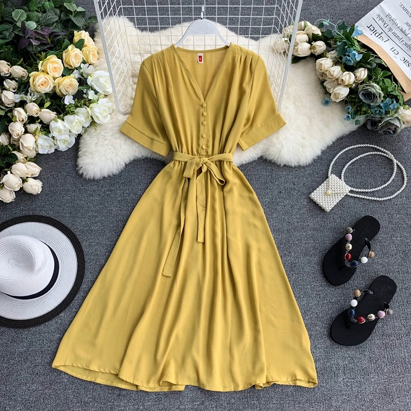 

2019 New Summer V Collar Short Sleeve Single Breasted High Waist Solid Color Simple Elegant Vestidos F802
