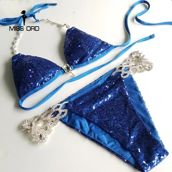 

Free Shipping Missord 2019 Sexy V-neck halter Metal chain blue color sequin FT6700-2