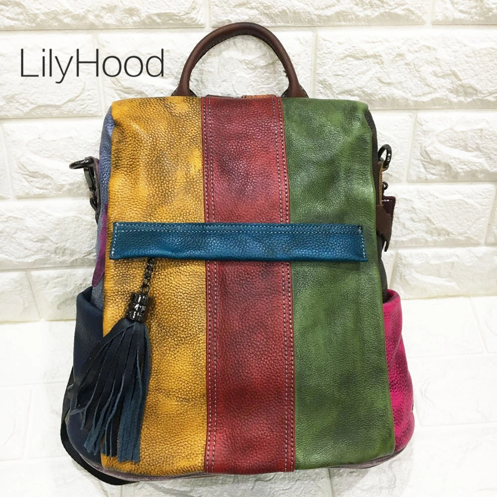 

Patchwork Cow Leather Backpack Female Casual Genuine Leather School Knapsack Women Vintage High Quality Natural Leather Packsack