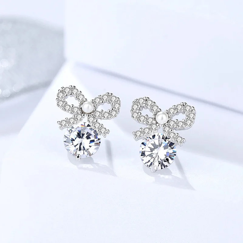 

Genuine 925 sterling silver earring studs sweet bow link round zircon stone mini bow earring studs for women fine jewelry
