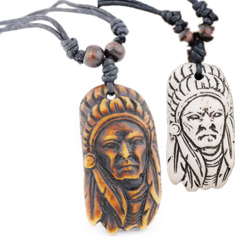 Hand Carved Yak Bone Vintage Tribal Indian Chief Head Pendant Necklace Wood Beads Rope Adjustable MN147