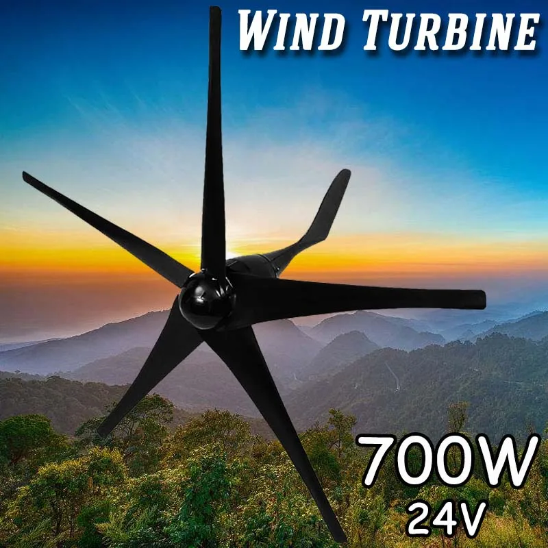 

700W 24 V Volt 5 Nylon Fiber Blades Horizontal Wind Turbines Generator Power Windmill Energy Charger Kit Home Black Tool
