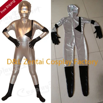 

Free Shipping DHL Wholesale Real Children Silver Zentai Suit Superhero Costume Cosplay Fancy Dress Kids Halloween Costume KC1156