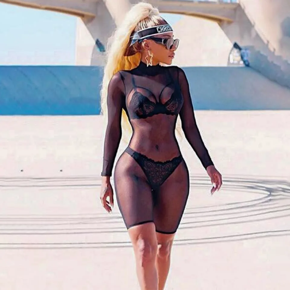 BKLD مثير نادي حللا سيدة ارتداءها النساء السروال القصير ثوب بودي كون طويل كم ارتداءها شبكة شير انظر من خلال داخلية