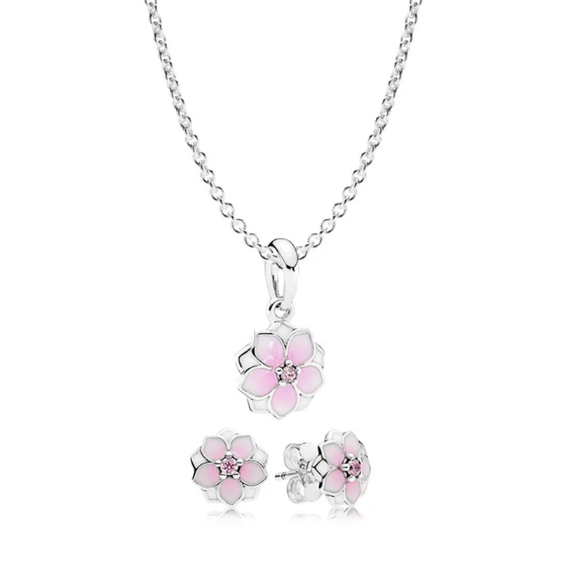 

100% 925 Sterling Silver Magnolia Bloom Necklace and Earring Set fit charm original Fashion Women jewelry