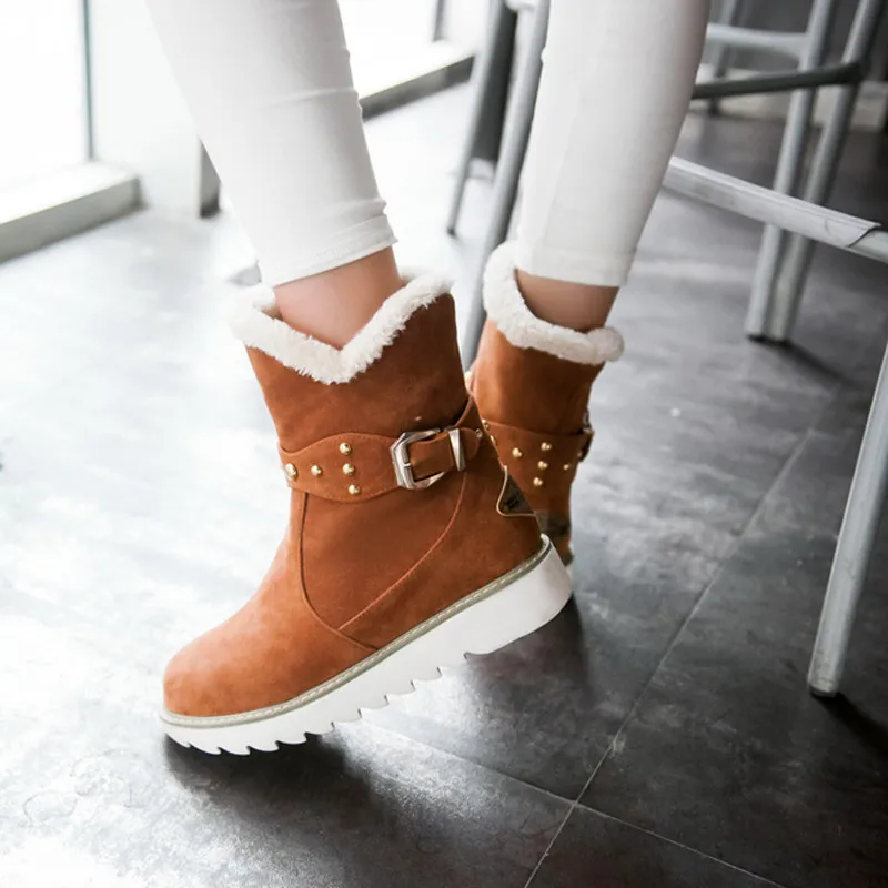 

New Faux Fur Snow Boots Women Fashion Ankle Boots Plus Size Black Winter Warm Plush Boots Female Ladies Flats Shoes