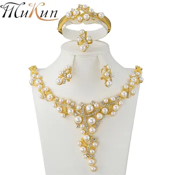 

MUKUN Fashion woman Dubai golden color African pearl jewelry set bride wedding high quality necklace earring ring bracelet set