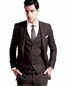 

2016 Custom Made Mens' Wedding Tuxedos Groom Dark brown Suits Bridal Blazers Dinner Suit ( jacket+Pants+vest+tie)