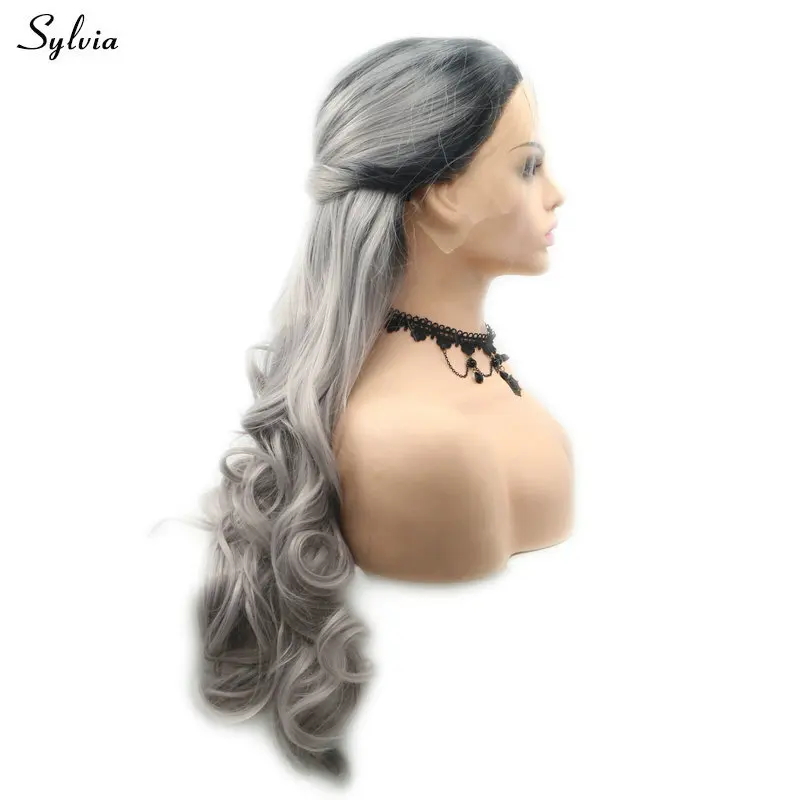 Sylvia темные корни Омбре серый синтетические волосы на кружеве парик длинные тела волна Жаростойкие рыбий хвост косы парики для женщин праздники