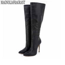 С плюшевой подкладкой Большие размеры обувь Женская мода на высоком каблуке; сапоги для женщин; сапоги на шпильках с острым носком высокая обувь w840