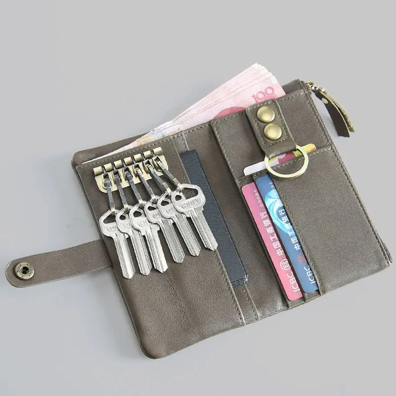SIMLINE мужской кошелек из натуральной кожи многофункциональный маленькие бумажники кошелек чехол для автомобильного ключа Держатель на молнии карман для монет Органайзер - Цвет: Grey
