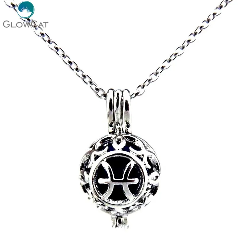 

K442 Copper Horoscope Pearl Beads Cage Necklace -- Pisces Symbol Aroma Essential Oil Diffuser Locket
