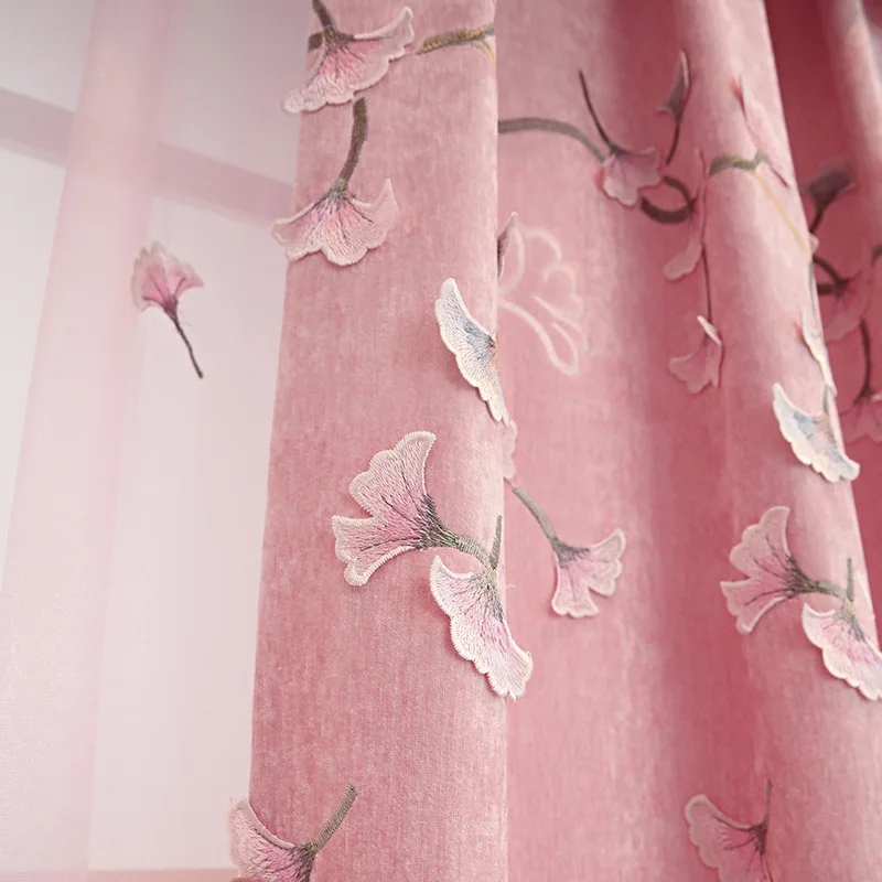 

New Xuenier Embroidered Curtain Finished Simple Modern Bedroom Powder Embossed Curtain Living Room Warm Princess Room