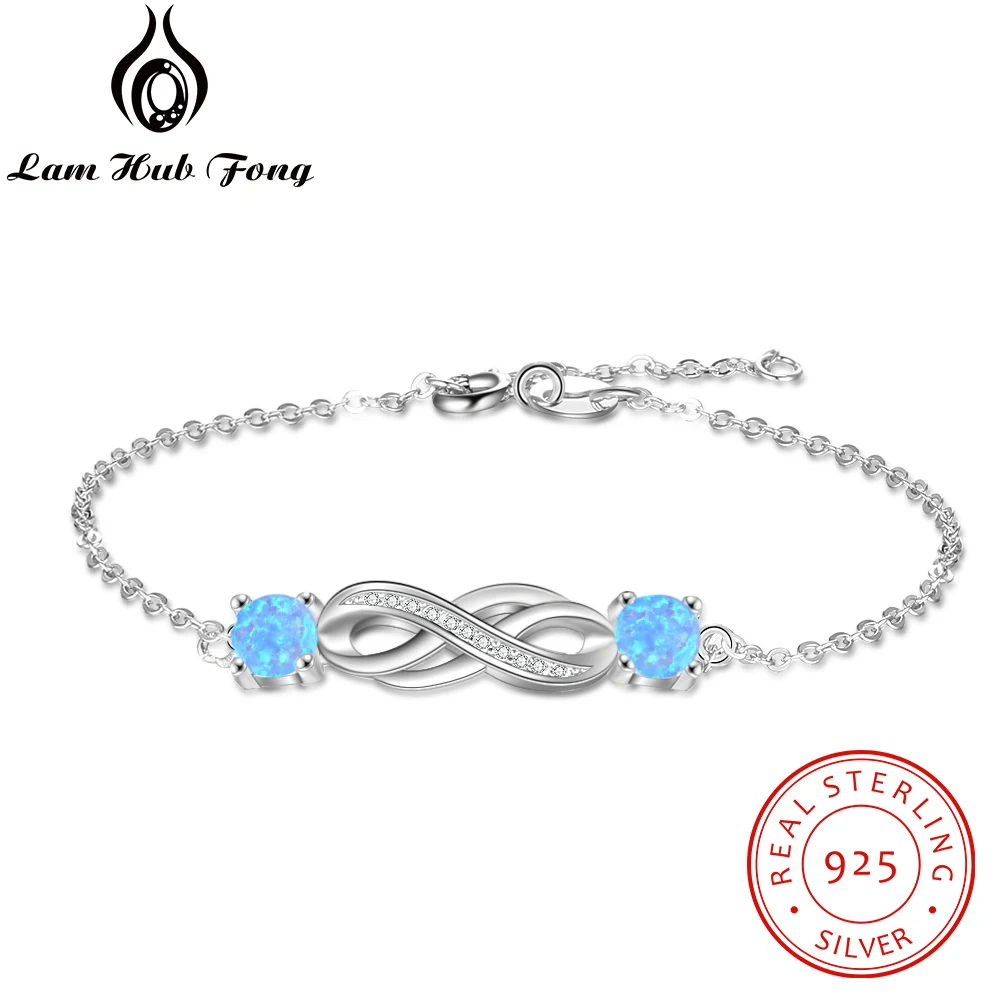

925 Sterling Silver Infinity Bracelets for Women Round Created Blue Fire Opal Bracelet Romantic Gifts for Lovers (Lam Hub Fong)