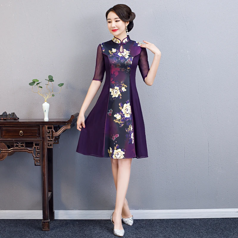 2020 Spring Women Sexy Chiffon Dress Print Flower Chinese Style Evening Party Qipao Handmade Button Vintage Cheongsam M-3XL