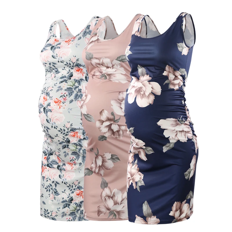 

Pack of 3pcs Womens Vintage Maternity Dresses Sleeveless Side Ruched Pregnant Tank Dress Floral Knee Length Pregnancy Clothes