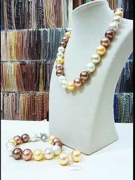 

Women Jewelry Set 12-16mm round bead gold brown mixed real natural south sea shell pearl necklace dangle hook earring bracelet