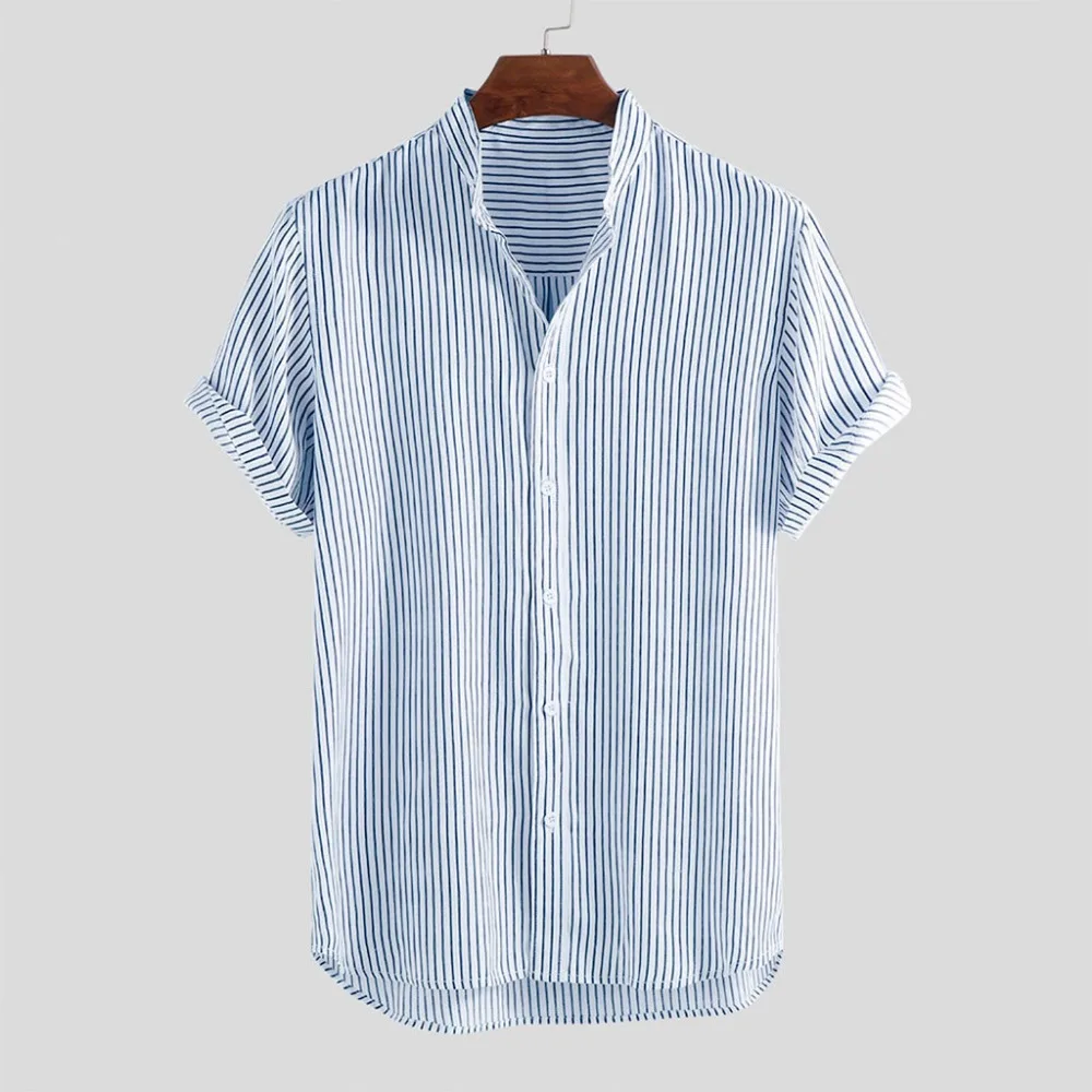 2019 men's stand collar striped summer short-sleeved running T-shirt loose buckle casual sports shirt short sleeve outdoor 40J11 (5)