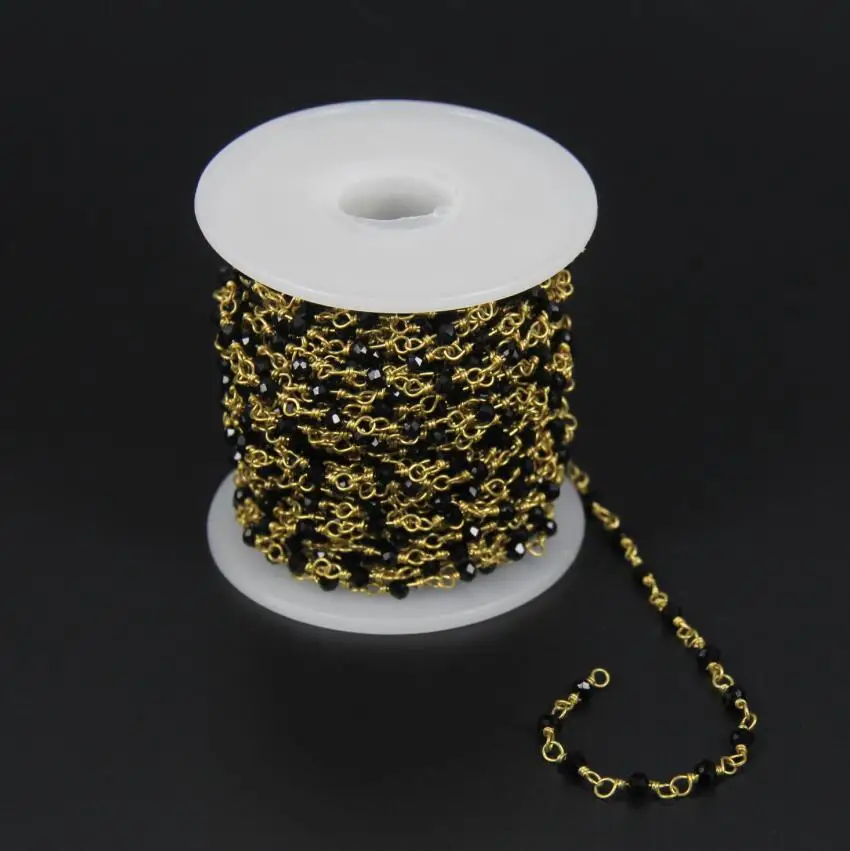 Tiny Beads Black Glass Quartz Faceted Rondelle Beaded Chain Jewelry Plated Gold Wire Wrapped Link Craft Necklace Supply 2x3mm | Украшения и
