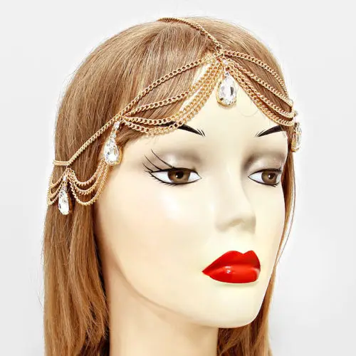 Head Chain Teardrops Crystal Draped Chain Metal GOLD Bridal Bride Hair