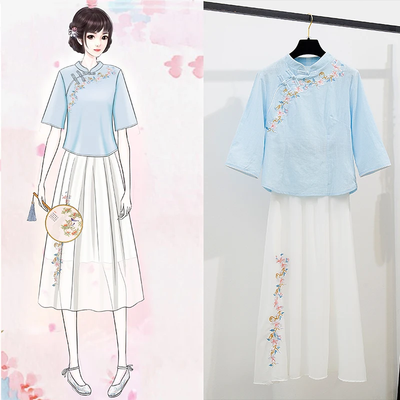 Китайская литература и художественная вышивка создает костюм с длинный юбкой воротником хлопчатобумажная рубашка для девочек верхняя