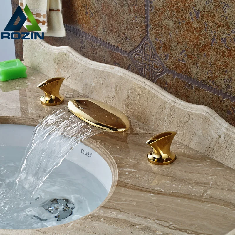 Fashion Deck Mount Golden Waterfall Bathroom Mixer Faucet Deck Mount 3 Holes Hot Cold Water Taps