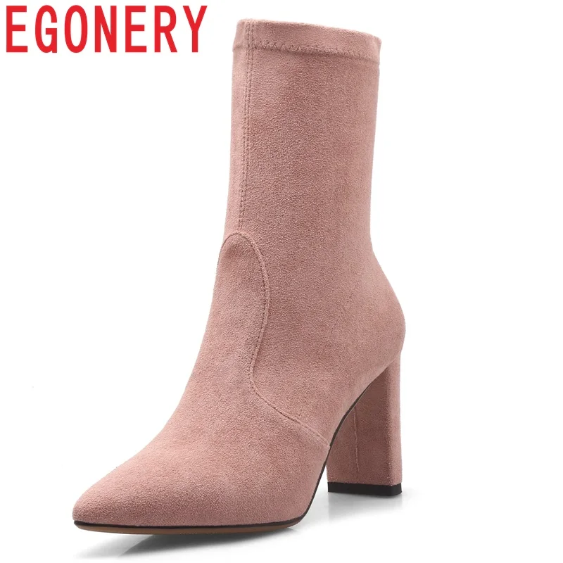 

EGONERY women shoes 2019 new fashion sexy faux suede solid super high square heel slip-on pointed toe five colors mid calf boots