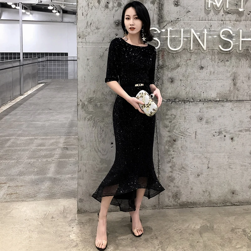 

2019 New Evening Dress O-neck Black Mermaid Long Party Gown Custom Formal Dresses Robe De Soiree LF246