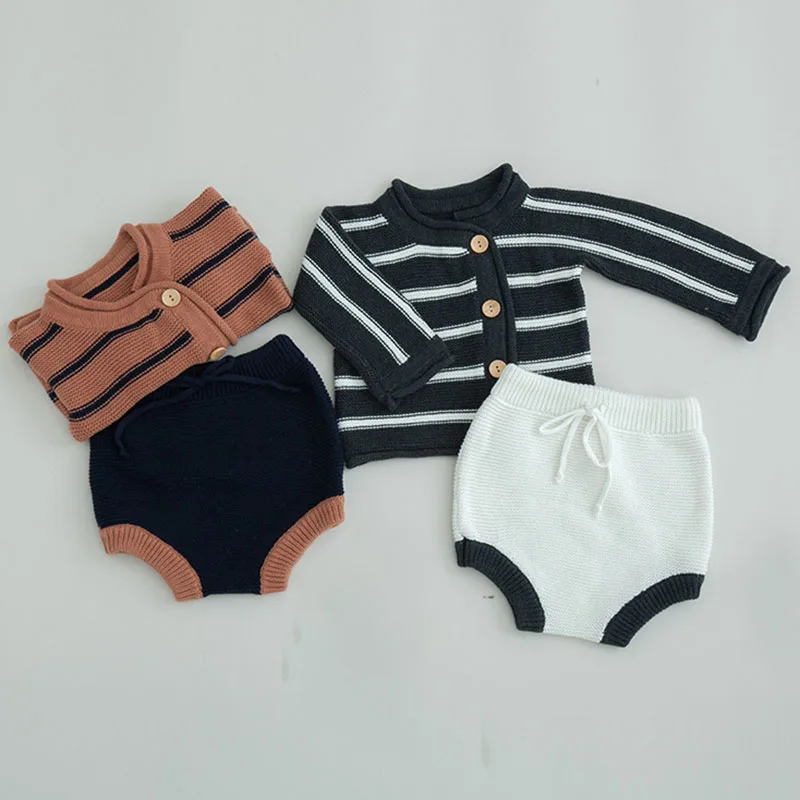 

2019 Spring Autumn Girls Boys Horizontal Stripes Cardigan Coat + Shorts Kids Clothes Boys Outfits Suits Children Clothing Sets