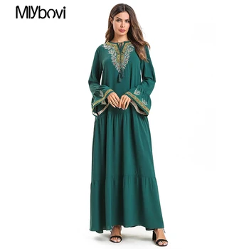 

Green Embroidery Abaya Muslim Dress Casual Long Robes Jubah Kimono Arab Garment Dubai Kaftan Muslim Women Long Maxi Dresses