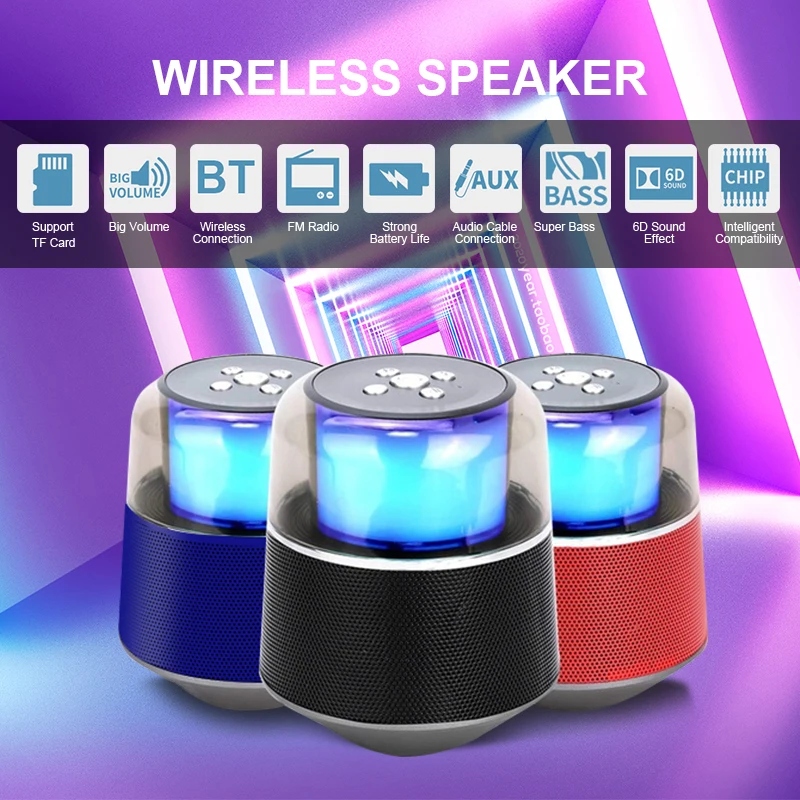 Portable HIFI Wireless BT 4.2 Stereo Sound with LED Lights AUX TF FM for Smartphone, Computer and Other All Bluetooth Devices
