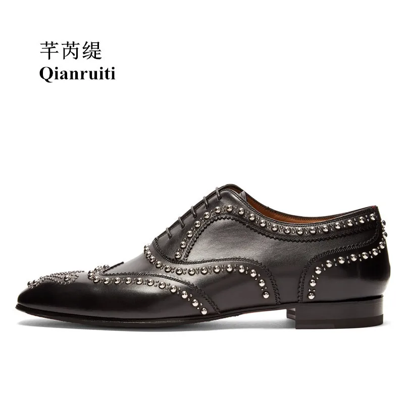 Qianruiti/мужские туфли из спилка; черные оксфорды; серебряные шпильки; деловые свадебные туфли на плоской подошве ручной работы; Мужские модельные туфли на шнуровке; Size39-46