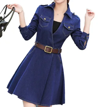 

2019 Mini Denim Dress Women's Clothing Korean Style Long Sleeve V-neck Dress Female Jeans A-line Dress