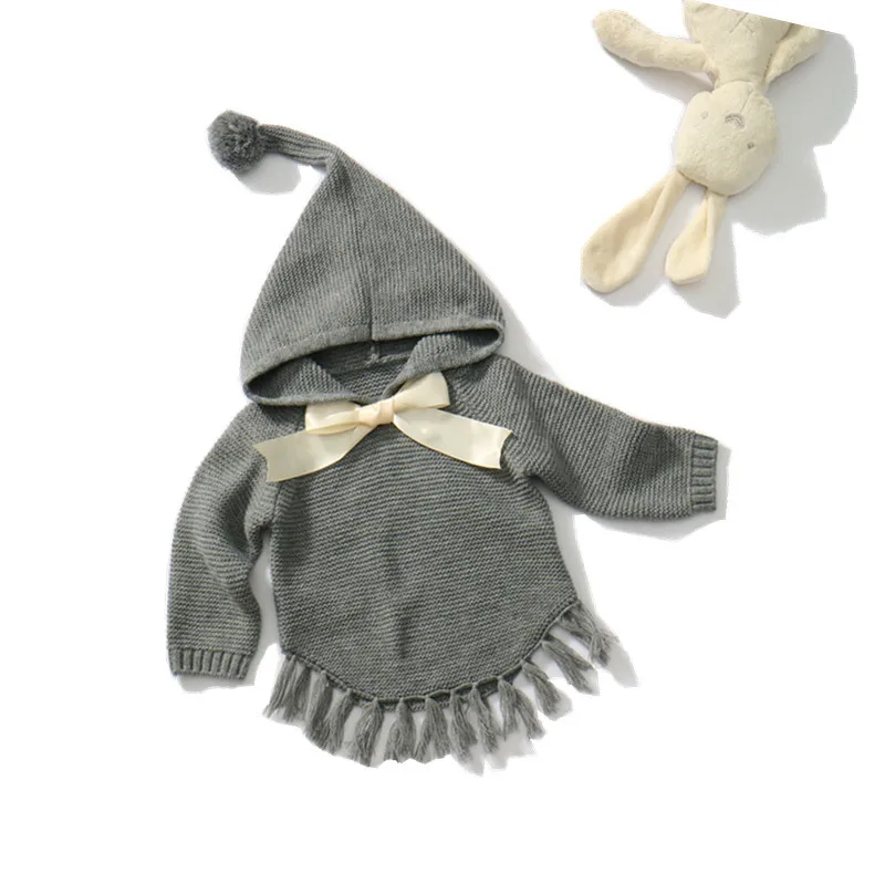 Свитера для новорожденных; одежда-накидка с капюшоном; дизайнерский свитер для маленьких девочек; осенний Повседневный вязаный джемпер с бантом для малышей; Детские кардиганы - Цвет: gray