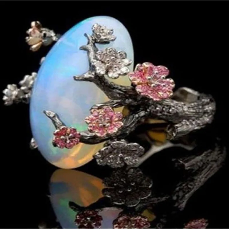 

Vintage Black Gold Color Ring White Fire Opal Flower Rings For Woman Gifts Wedding Engagement Statement Ring