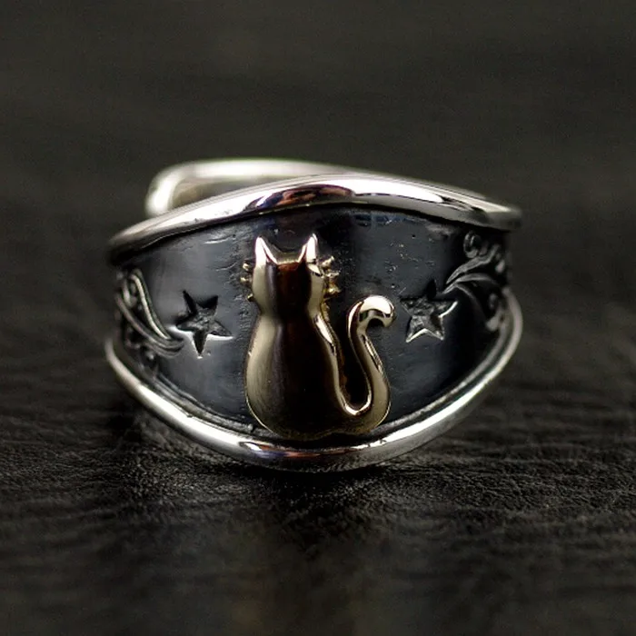 Genuine new new night sky and cat 925 sterling silver female silver ring photo