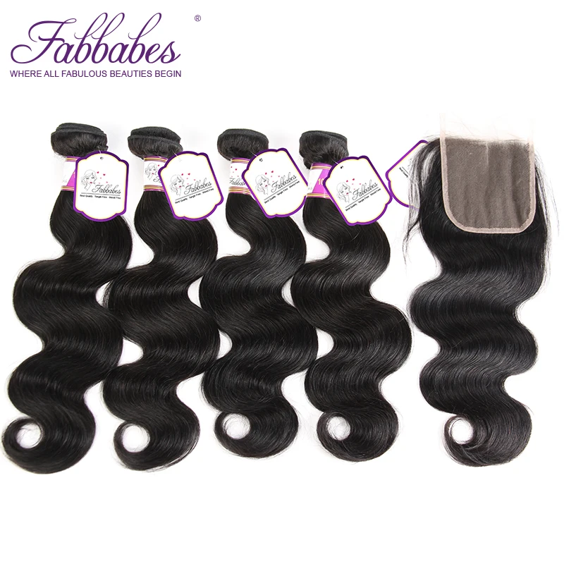 Fabbabes волос перуанский объемная волна с закрытием 100% человеческих волос 4 расслоения с 4*4 Бесплатная средняя часть кружева закрытия