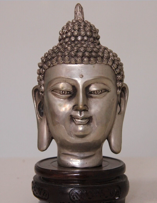 

Collectible bronze lion statue S0032 Tibet Buddhism Temple White Copper Silver Tathagata Sakyamuni Buddha Head Statue (B0328)