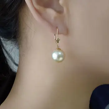

AAA 12MM Round Light Golden Real South Sea Pearl Drop Earrings 14K Yellow Gold