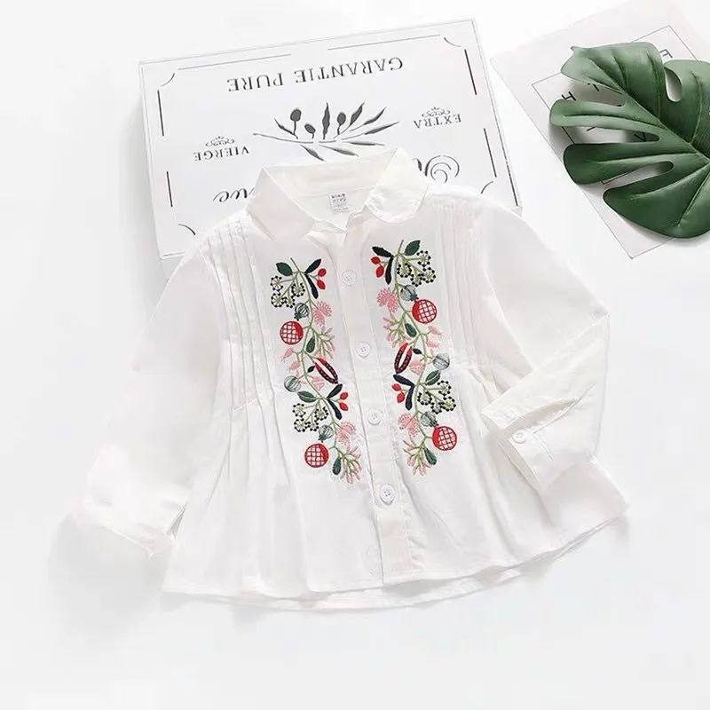 AiLe Rabbit/рубашка для девочек Новинка года; сезон весна; Повседневная рубашка в Корейском стиле с цветочной вышивкой; детская хлопковая рубашка - Цвет: Белый
