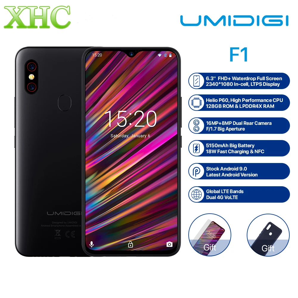 UMIDIGI F1 6.3'' FHD+ Android 9.0 Mobile Phone 4GB 128GB Helio P60 Octa Core Fingerprint Unlock NFC FCC Dual SIM 16MP Smartphone