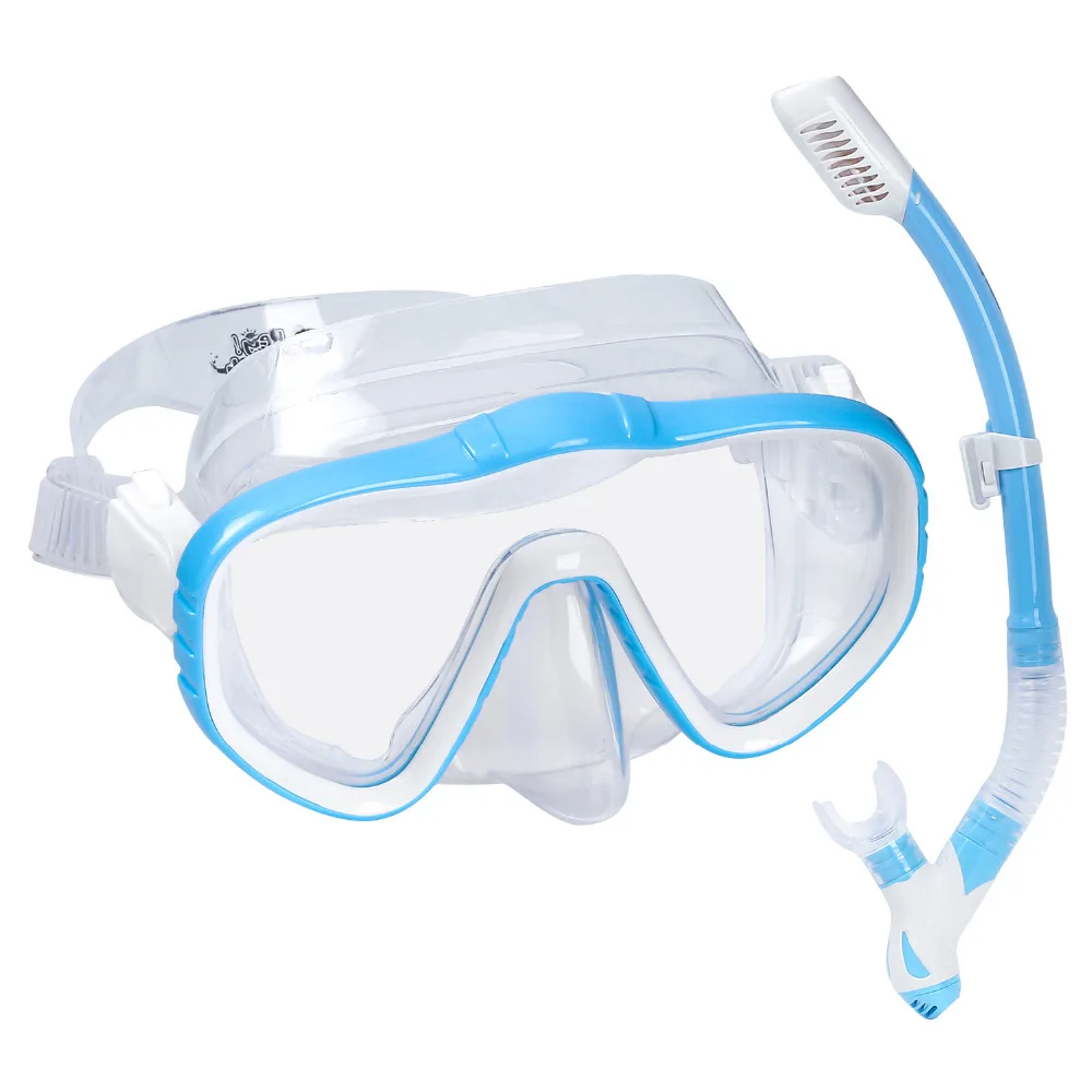 Swimming Diving Snorkel Mask Set, Tempered Glass Goggles Lenses + Dual Valve Mouthpiece + Purge Valve+Adjustable Snorkel Clips