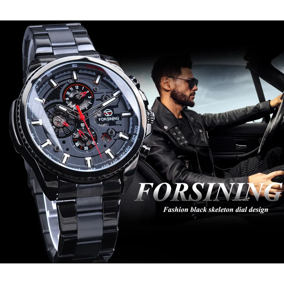 Forsining Three Dial Calendar Stainless Steel Men Mechanical