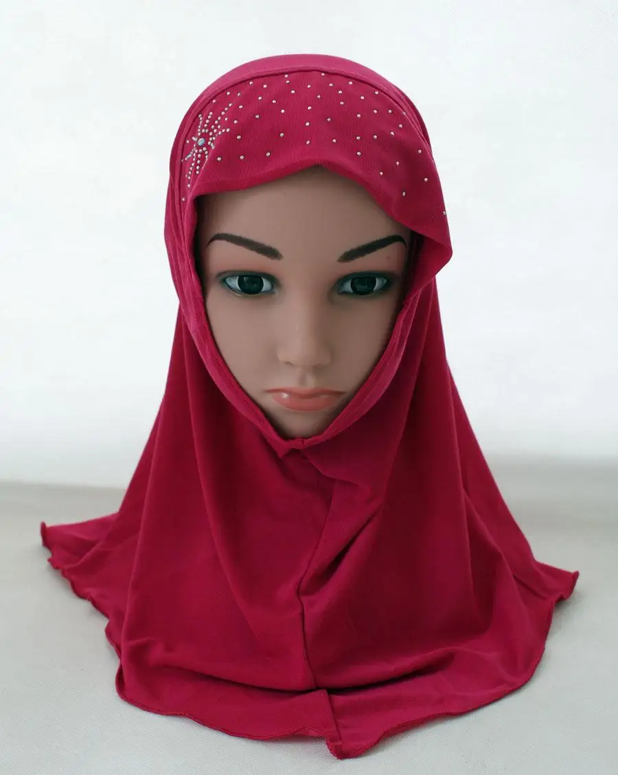Мусульманский детский хиджаб для девочки, исламский арабский школьный головной убор, шарф, шарф, обертывание, Ближний Восток, стразы, цветок, Рамадан, головной убор, шапка H - Цвет: Rose Red