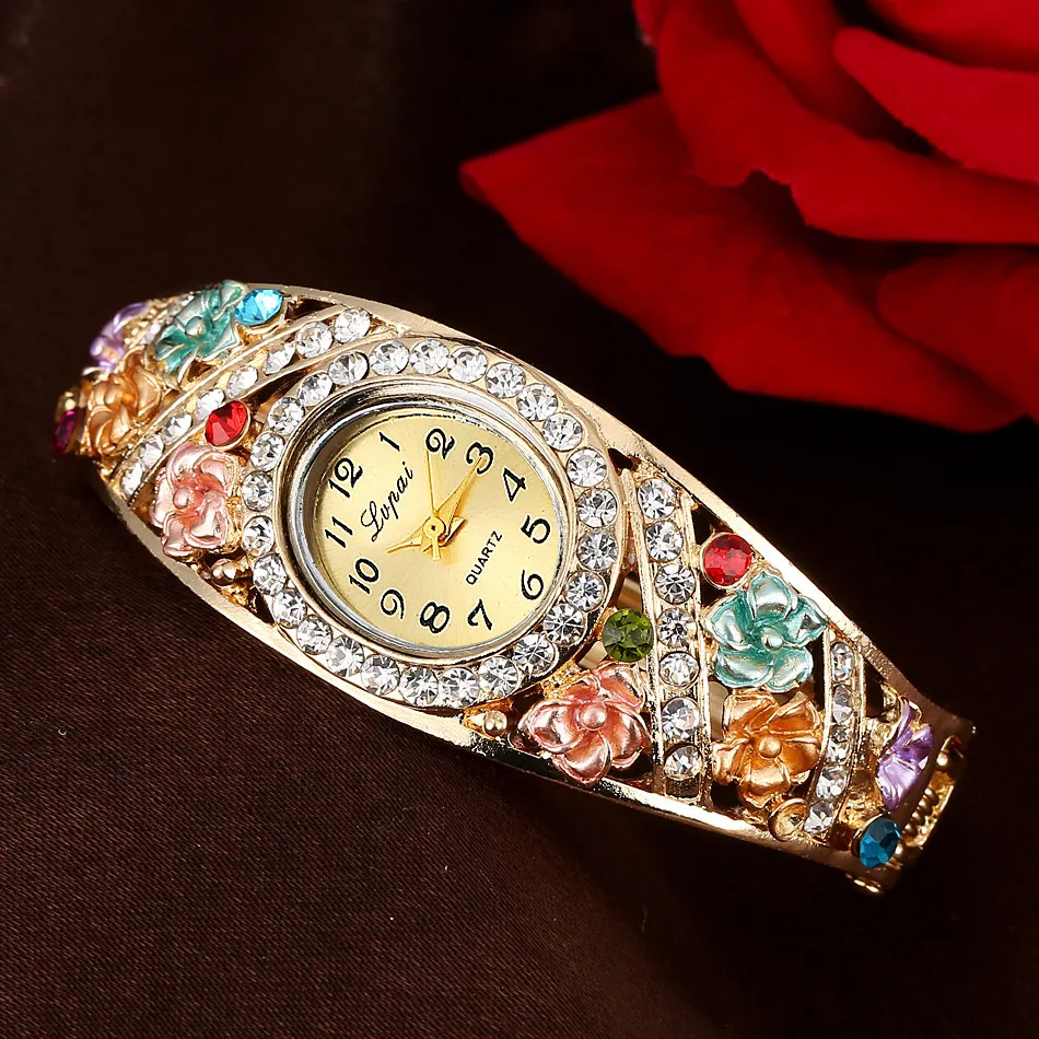 

LVPAI Flowers Watches Women Stainless Steel Fashion Luxury Watch Rose Gold &Silver Roman Numerals Quartz Dress Watches 533