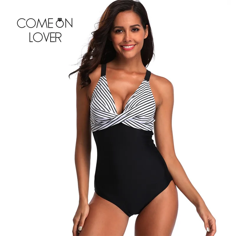 

Comeonlover Push Up Bodysuit Spaghetti Strap Sexy One Piece Swimsuit Striped Summer Romper V Neck Backless Body Mujer DYE3423