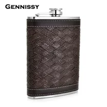 GENNISSY Personalisierte Alkohol Kolben 9 unze Raster PU Leder Edelstahl Mini-flachmann Camp Outdoor Tragbaren Flachmann