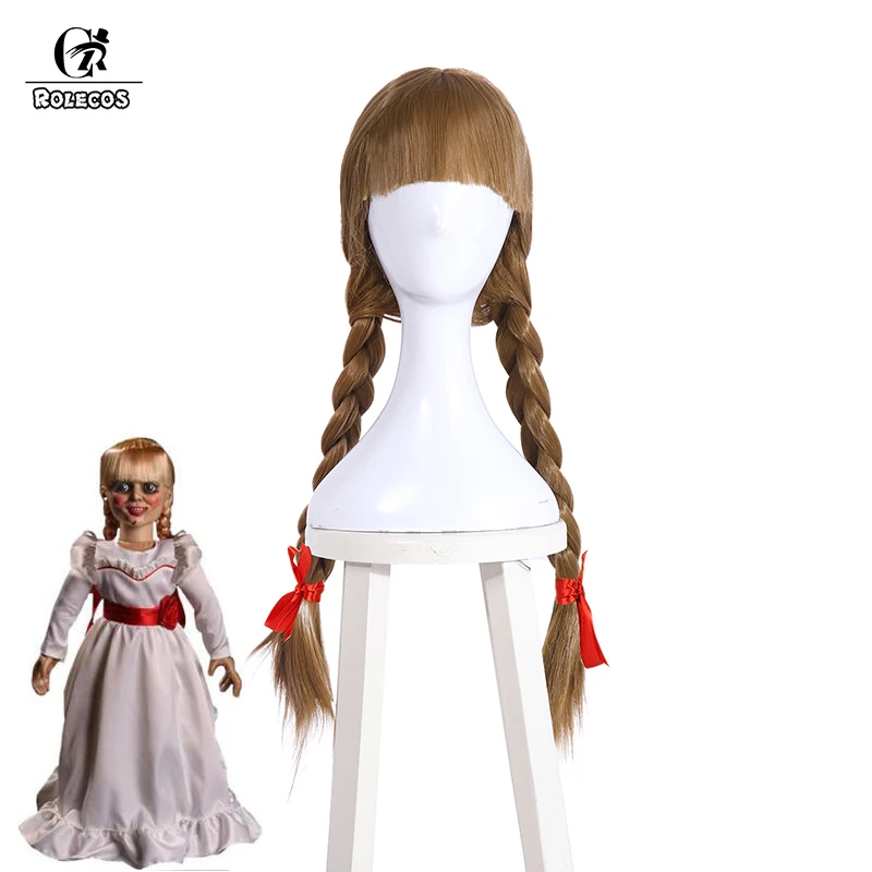Skup ROLECOS Movie Annabelle Cosplay nakrycia głowy kobiety lalka Cosplay długie włosy dziewczyna syntetyczny warkocz dziewczyna włosy impreza z okazji halloween do odgrywania ról